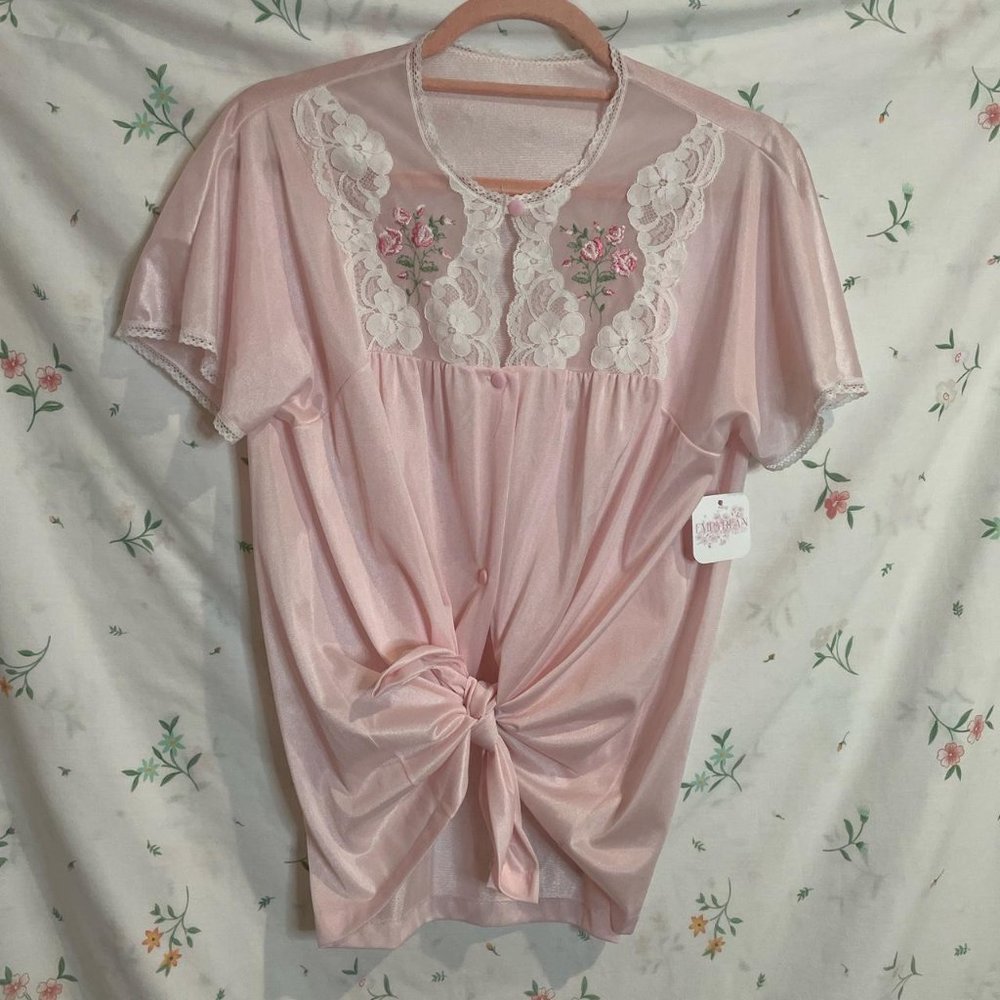 Vintage 80s 1980s Pink Floral Embroidered Lace Pajama Top Size M/L